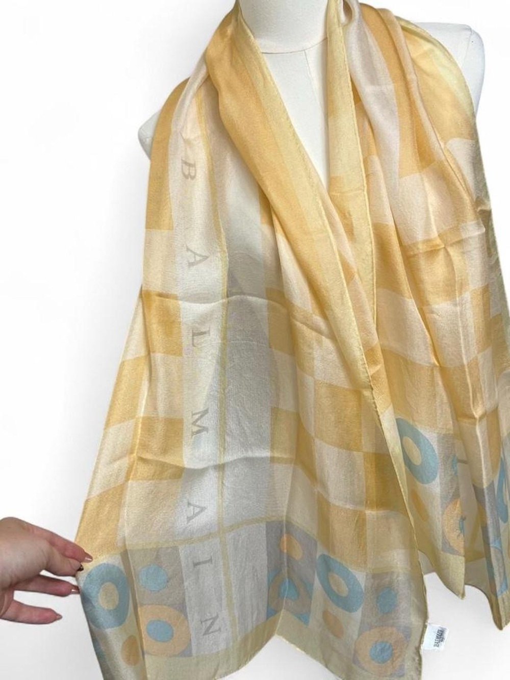 Vintage Balmain Paris 100% silk chiffon scarf geometric logo print luxury euro